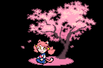 Mew Mew wearing a sailor fuku underneath a cherry blossom tree