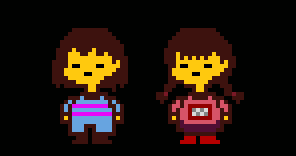 sprite edit of frisk to look like madotsuki, next to the regular frisk