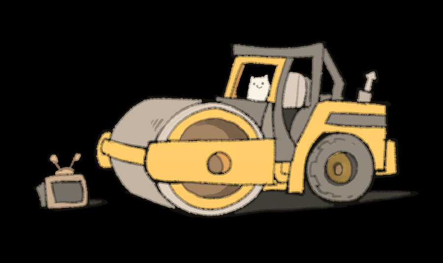 dog driving a large steamroller, going to crush a small TV