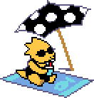 Alphys sipping a drink under an umbrella