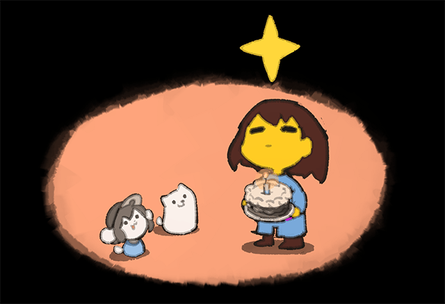 Illustration of Temmie, Toby, Kris with a cake