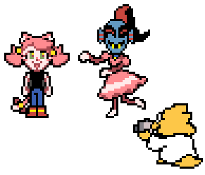 Mew Mew and Undyne with mismatched outfits, Alphys taking a photo