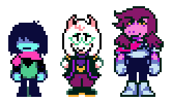 The cast of DELTARUNE wearing mismatched costumes