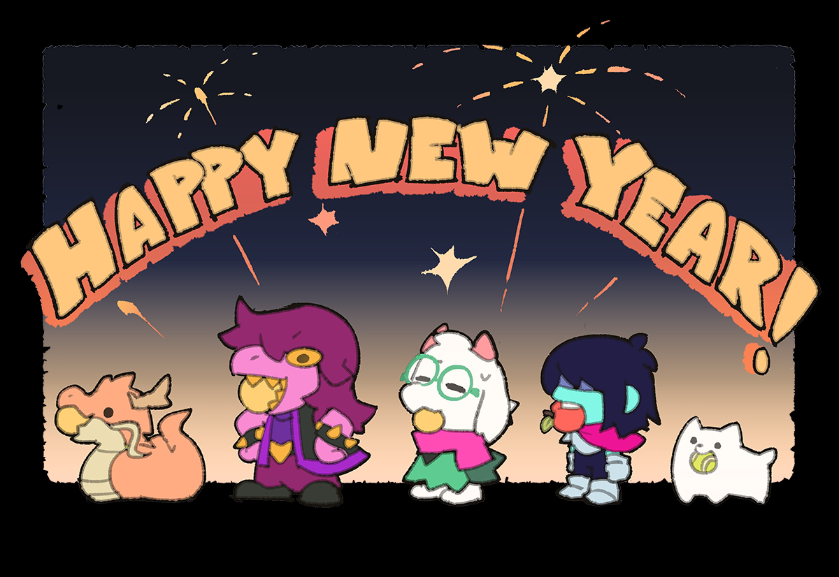New Years illustration by Temmie, featuring Susie, Ralsei, Kris, and a dog, following a dragon