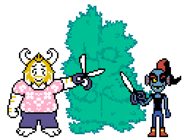 Asgore and Undyne trimming a hedge with hedge scissors