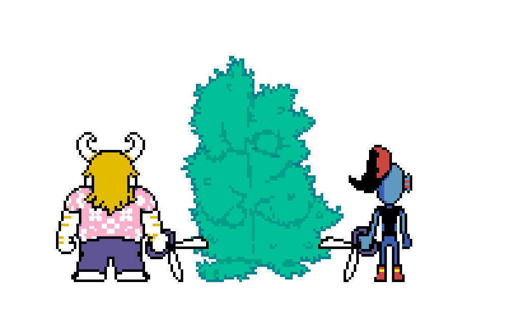 Asgore and Undyne diving at a hedge with hedge scissors. After the smoke clears and the two strike a pose, the hedge appears as Sans. Sans pops out from behind the hedge with his own hedge scissors and winks