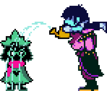 Susie holding Kris, who is watering Ralsei. A flower sprouts from Ralsei's hat