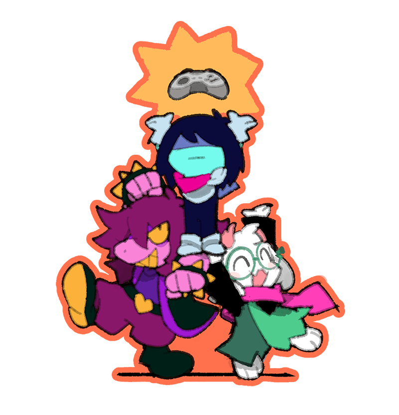 Illustration of Kris, Susie, and Ralsei raising their hands towards a floating controller